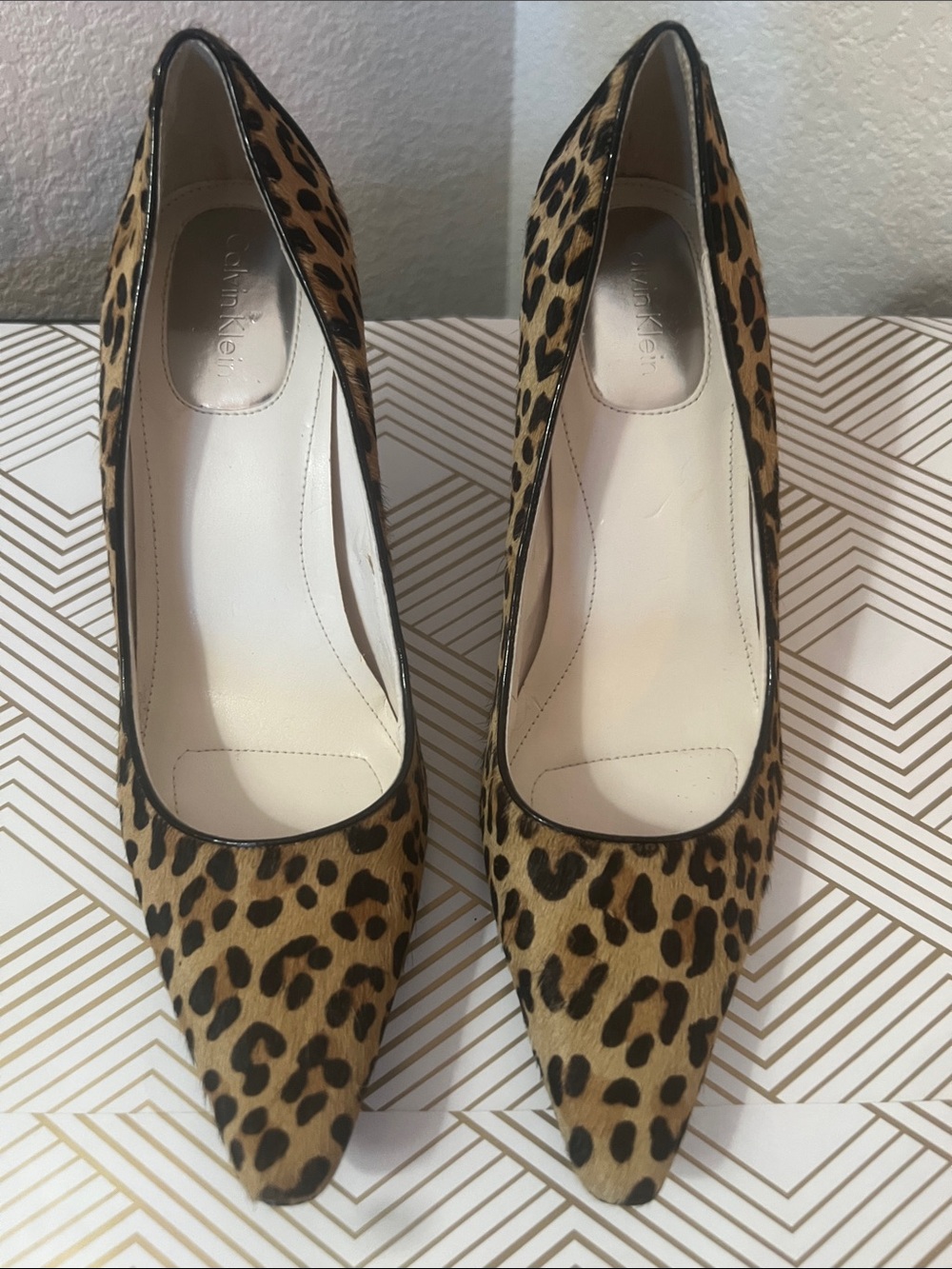 Calvin Klein Leopard-Print Pointed Pumps in Tan and Black